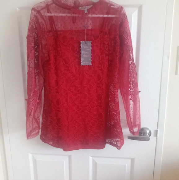Pretty Angel Haut en soie mélangée à dentelle florale- bordeaux Taille L - Picture 4 of 11